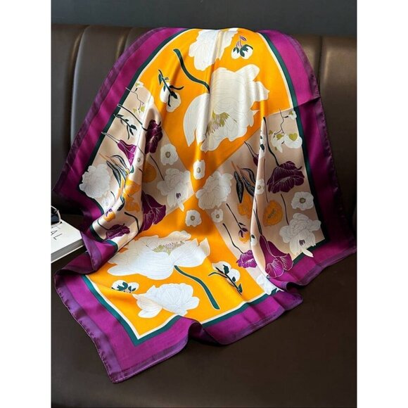 ✨Luxury Silky Satin Scarf Bandana Yellow Purple Color Block Floral Soft Wrap - Picture 4 of 5